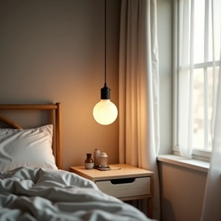 Luminária pendente em estilo industrial sobre um criado-mudo em um quarto.