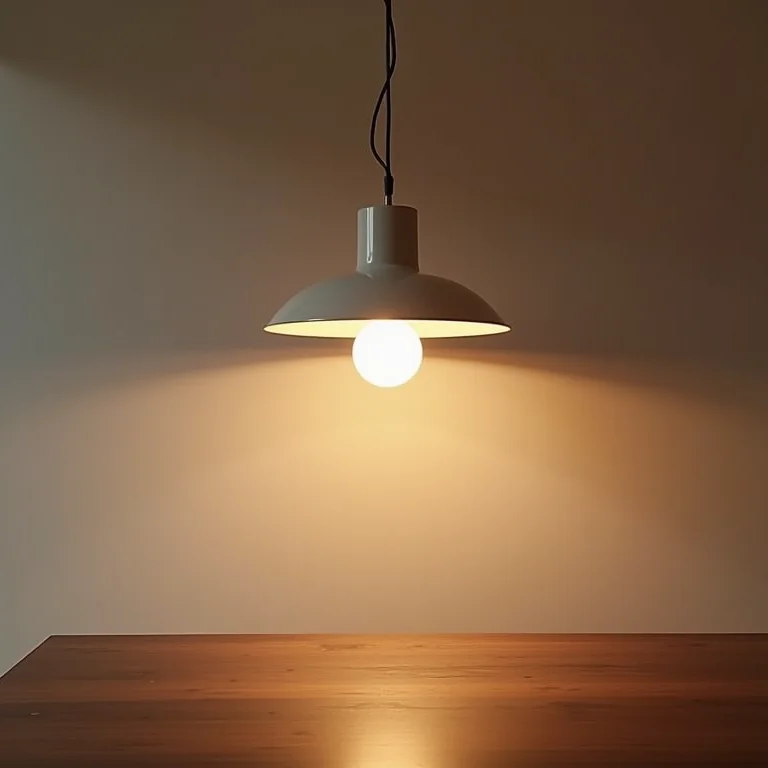 Luminária pendente industrial iluminando uma mesa de jantar.