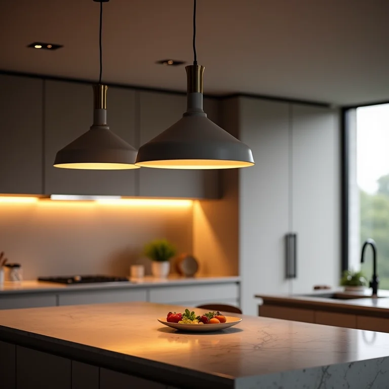 Luminárias pendentes sobre a península da cozinha