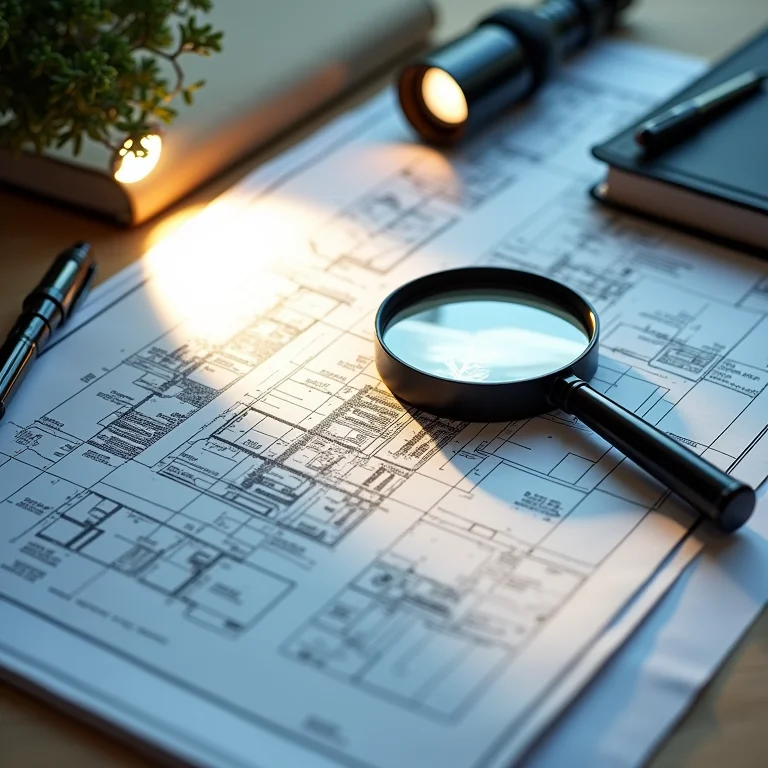Lupa sobre planta de casa destacando áreas para verificação na inspeção