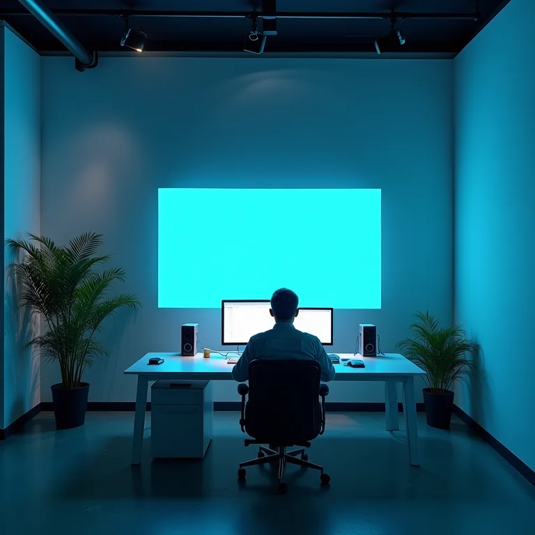 Luz fria: escritório moderno com iluminação azulada