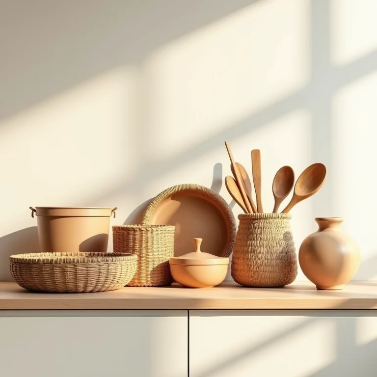 Luz indireta destacando acessórios de cozinha em estilo boho.