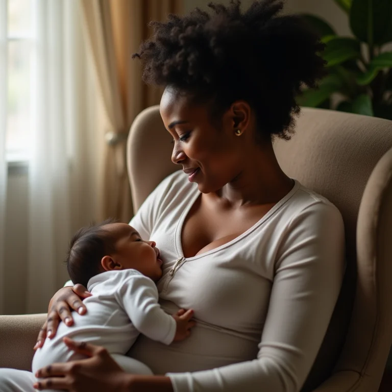 Mãe amamentando confortavelmente em poltrona