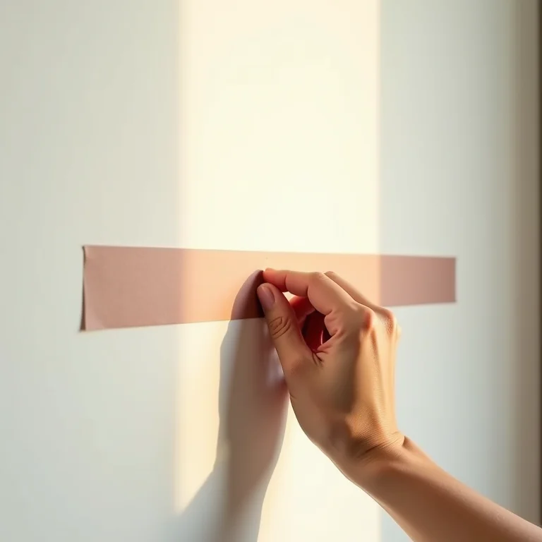 Mão alisando a fita crepe em uma parede com cuidado.