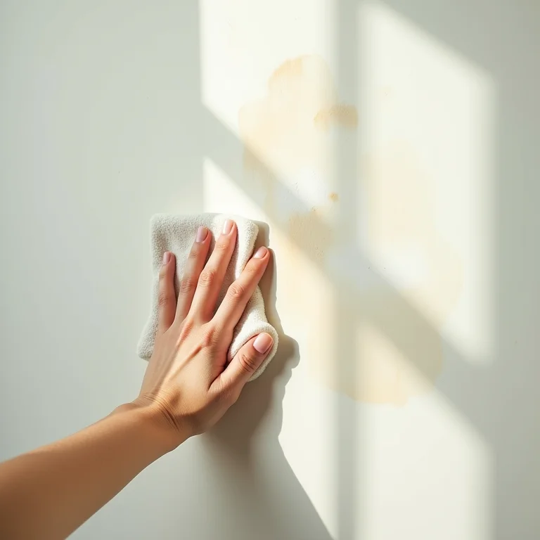 Mão limpando parede pintada com tinta brilhante