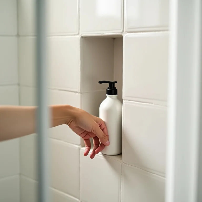 Mão pegando shampoo em nicho embutido no banheiro
