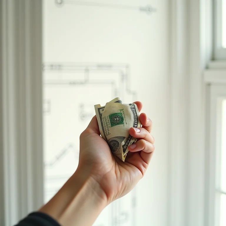 Mão segurando dinheiro amassado ao lado de planta arquitetônica