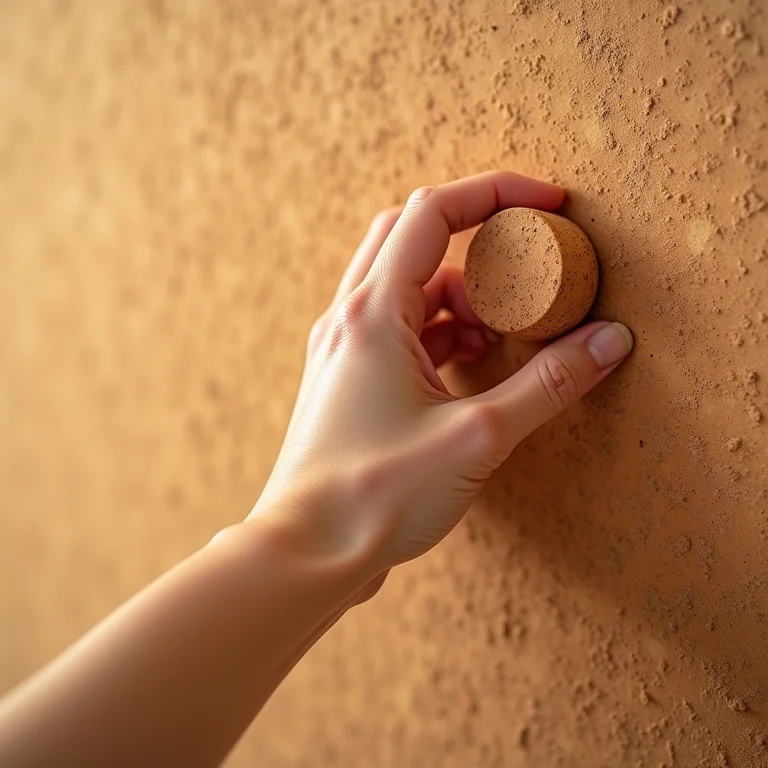 Mão tocando uma superfície de cortiça texturizada