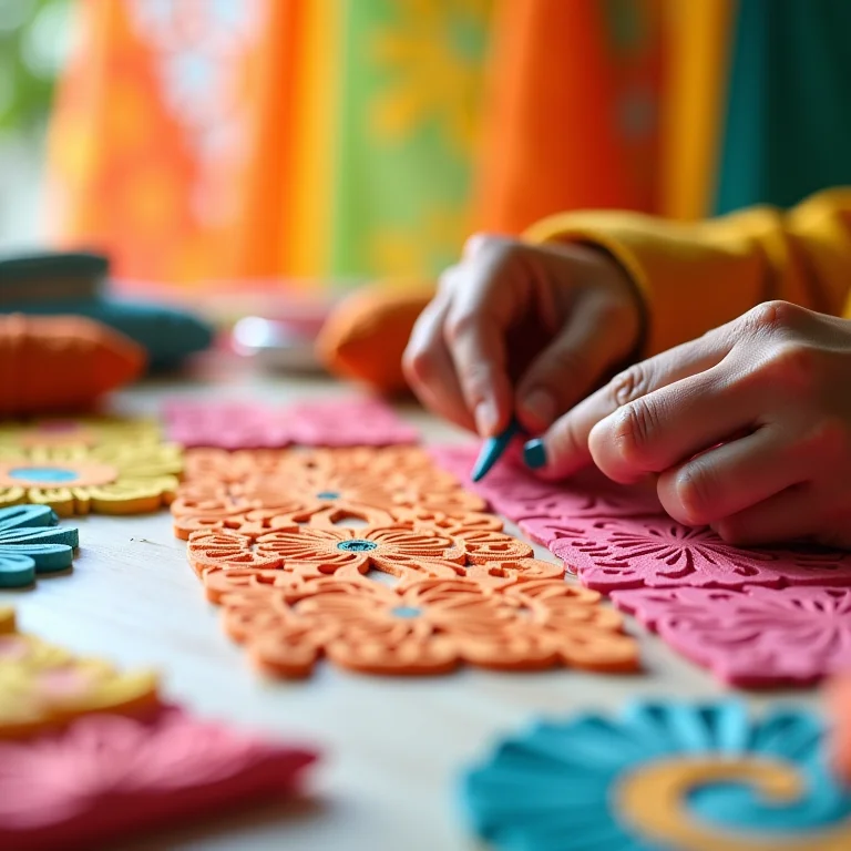 Mãos criando bandeirinhas de papel coloridas para Festa Junina