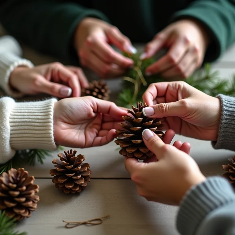 Mãos diversas criando decorações de Natal DIY com materiais naturais