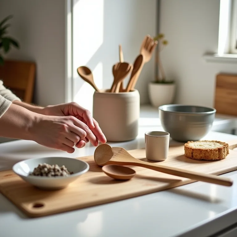 Mãos organizando e desapegando de utensílios em cozinha minimalista