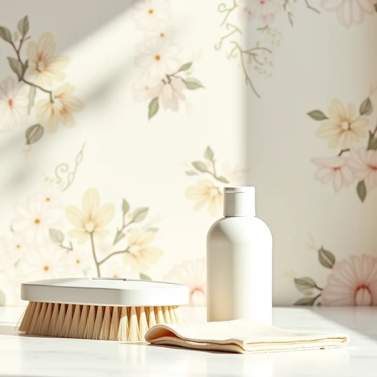 Materiais para limpeza e manutenção de papel de parede floral.