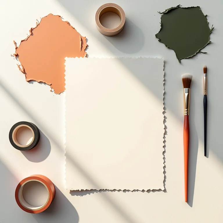 Materiais para pintura geométrica organizados em flat lay.