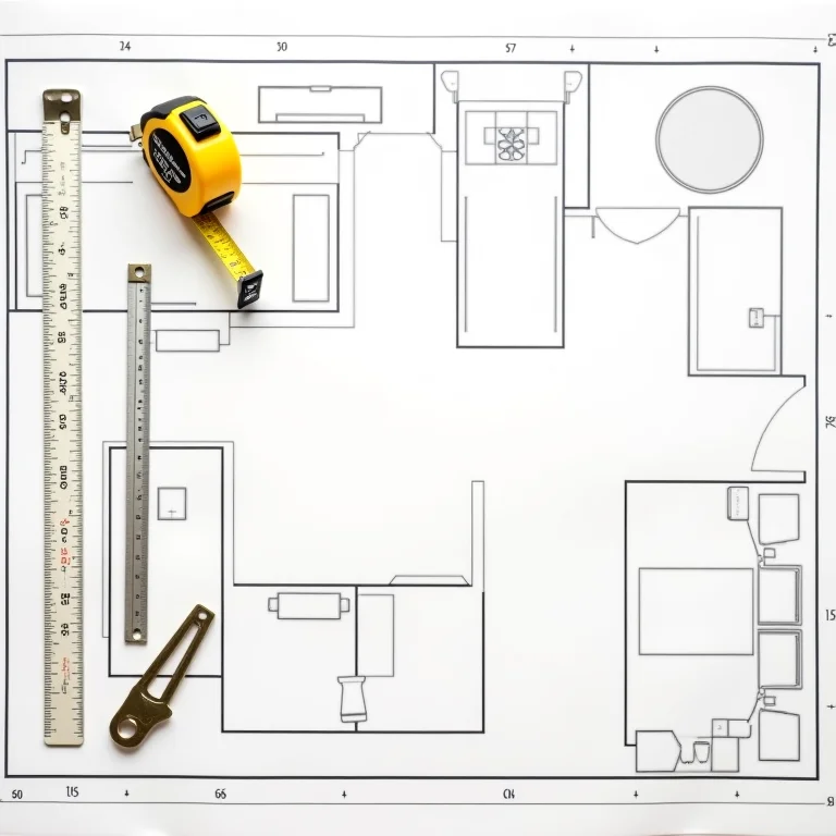 Medição e layout de uma cozinha planejada, com ferramentas de arquitetura.