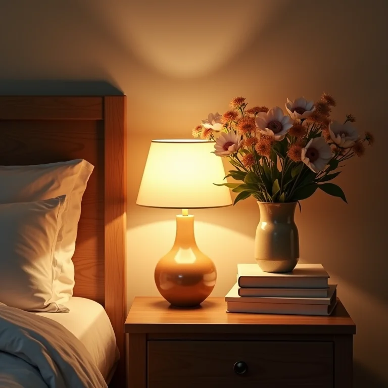 Mesa de cabeceira com iluminação suave, livros e flores.