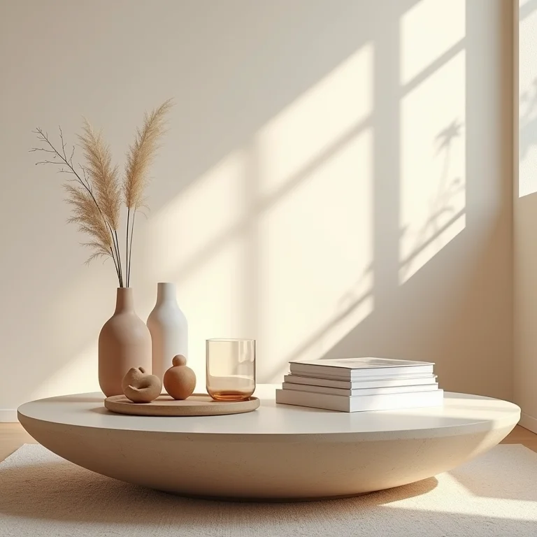 Mesa de centro com decoração harmônica e cores neutras