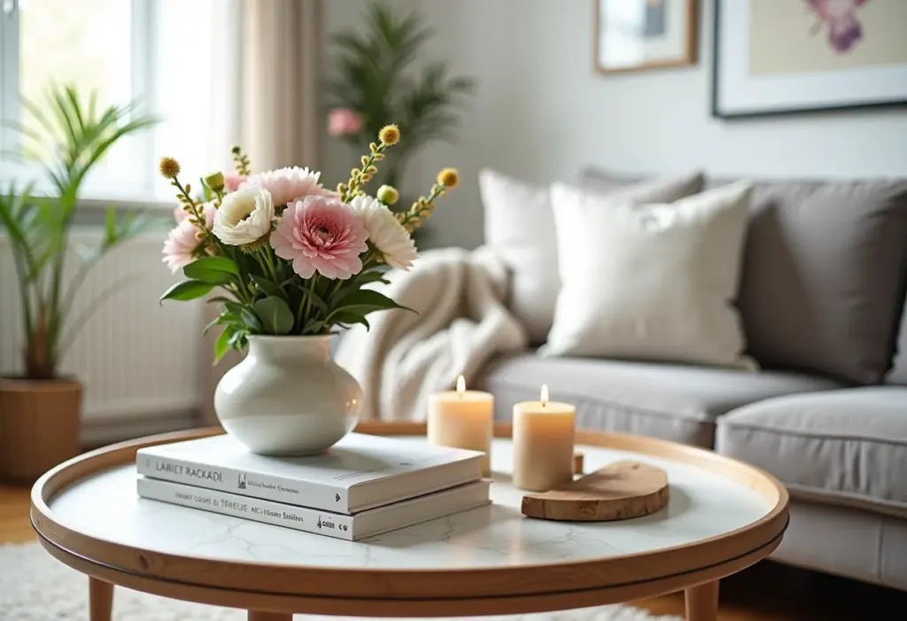 Mesa de centro decorada com livros, flores e velas