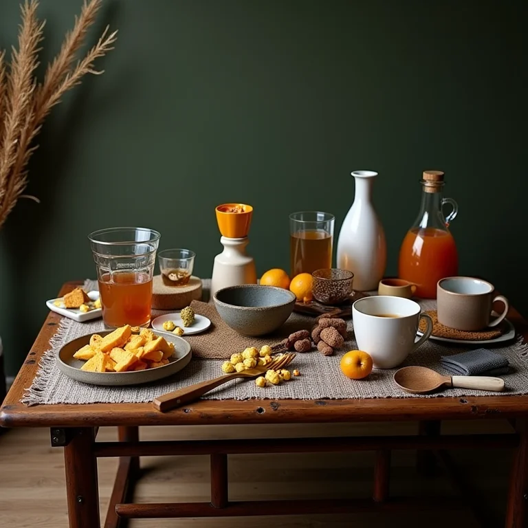 Mesa de centro decorada com objetos temáticos desconexos