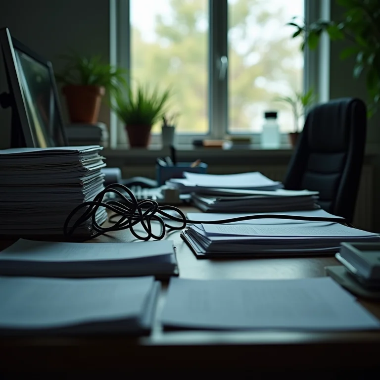 Mesa de escritório bagunçada simbolizando falta de espaço e privacidade