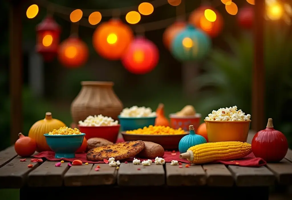 Mesa decorada para Festa Junina com elementos rústicos e coloridos