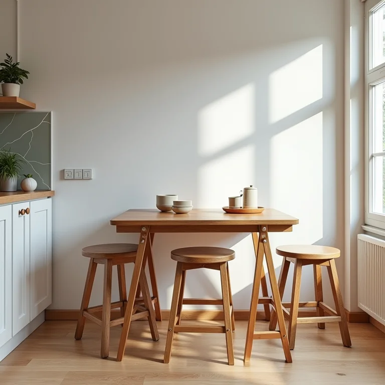 Mesa dobrável e bancos empilháveis em uma cozinha pequena.