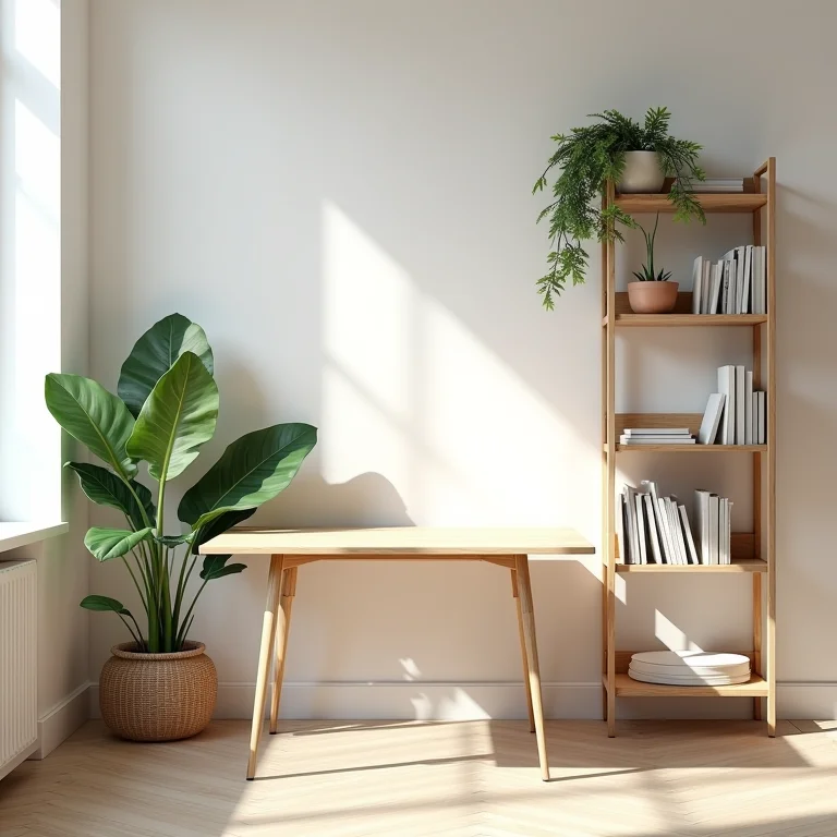 Mesa dobrável e estante modular em apartamento pequeno