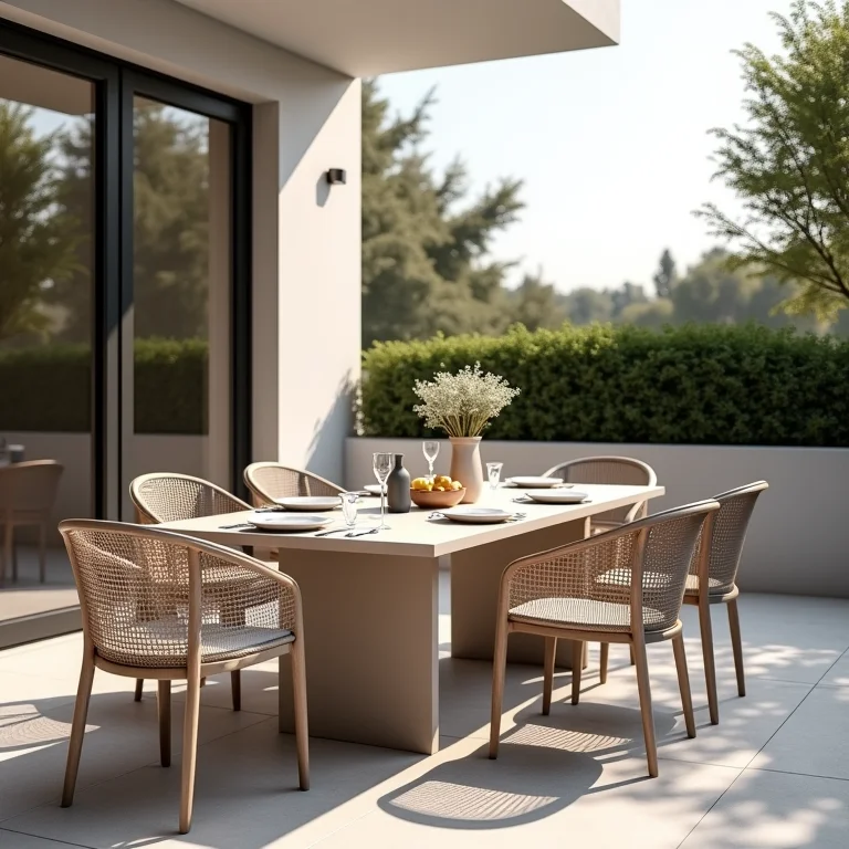 Mesa e cadeiras adequadas para refeições ao ar livre na varanda gourmet.