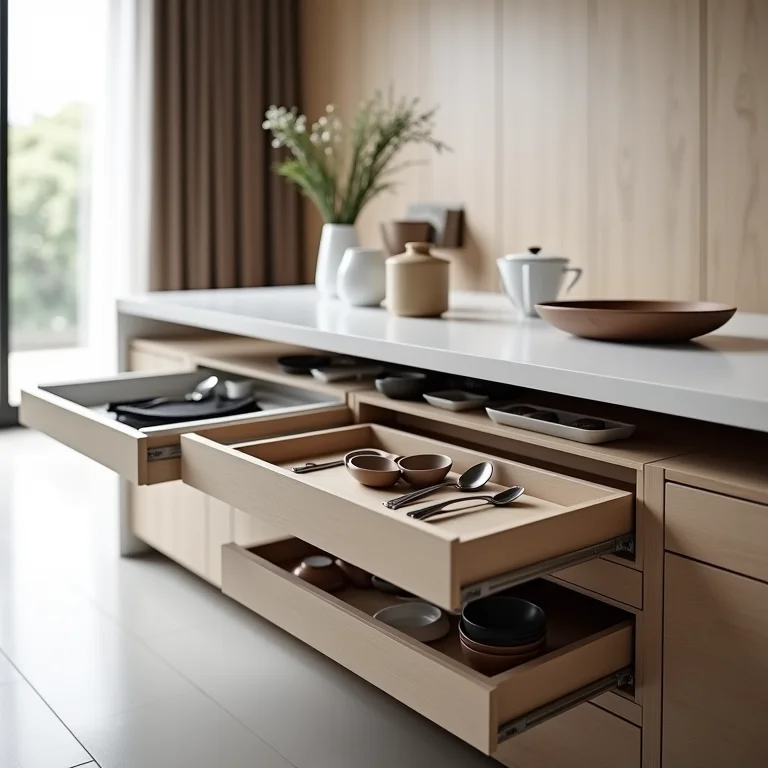 Mesas com gavetas e prateleiras para cozinhas pequenas.