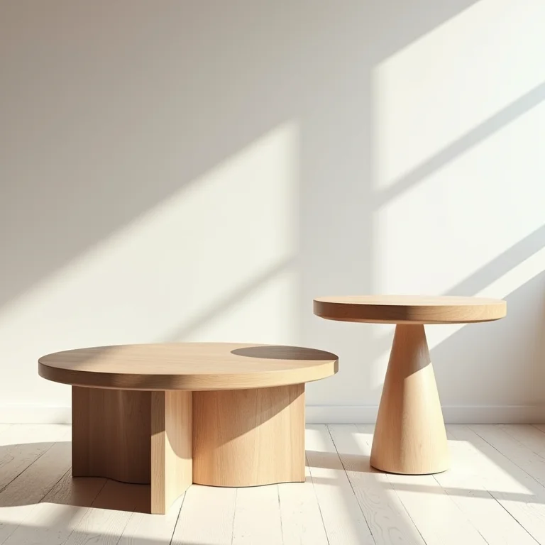 Mesas de centro e laterais minimalistas em uma sala de estar.