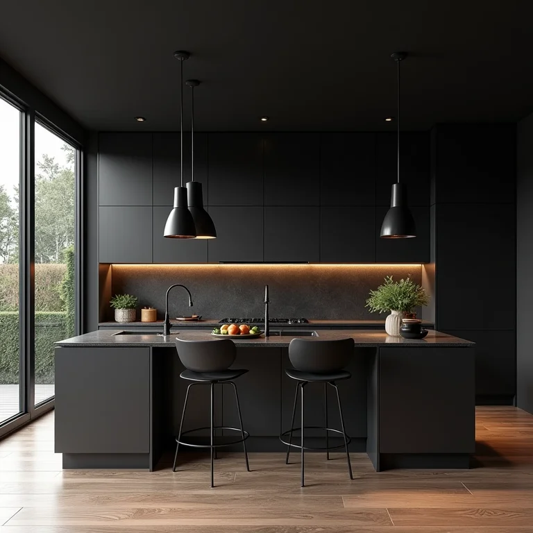 Mood board de cozinhas pretas totais inspiradoras.