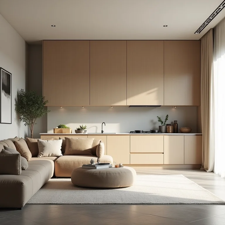 Móveis desproporcionais em cozinha integrada.