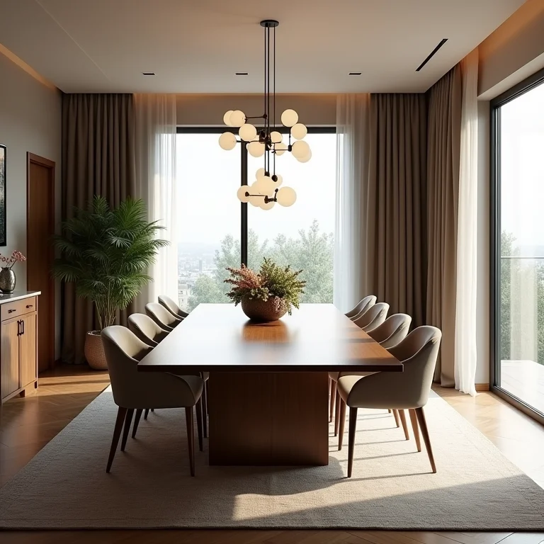 Móveis desproporcionais em sala de jantar pequena.