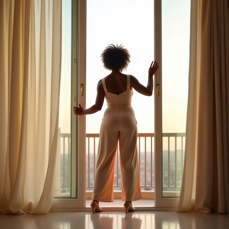 Mulher abrindo porta de correr para varanda