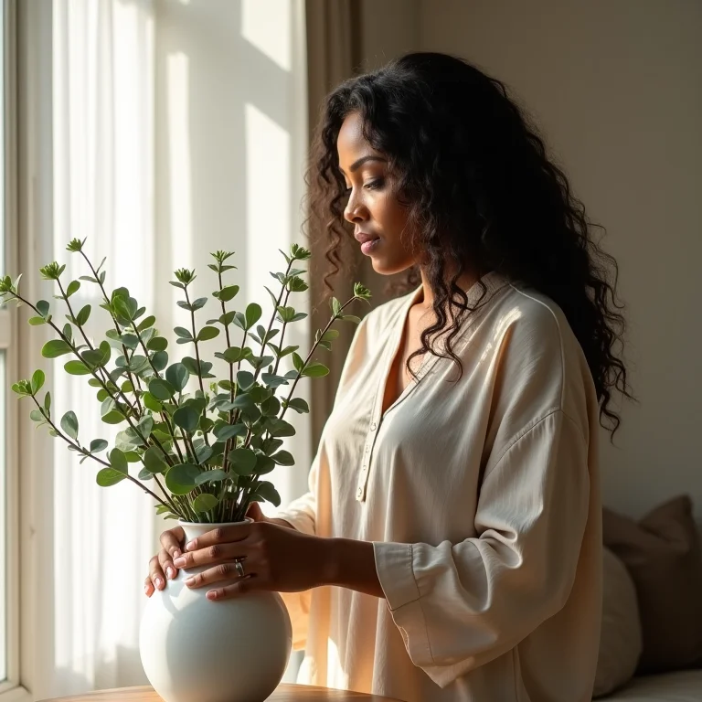 Mulher adicionando elementos naturais à decoração da sala de estar.