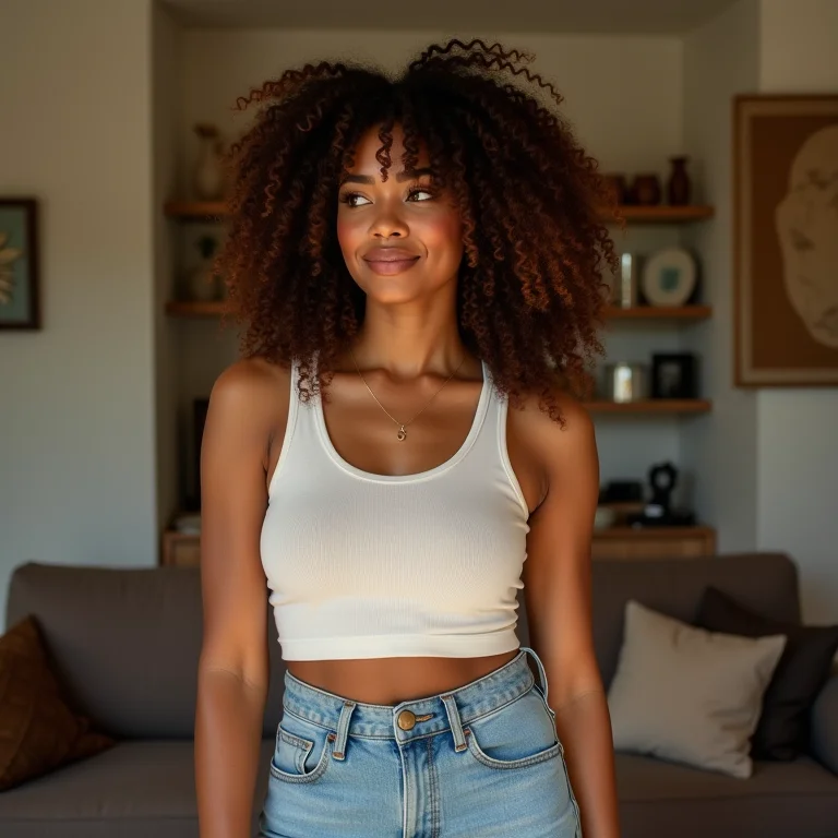 Mulher admirando boiserie em sua sala de estar.