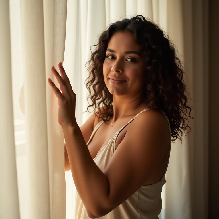 Mulher ajustando cortina de linho em casa