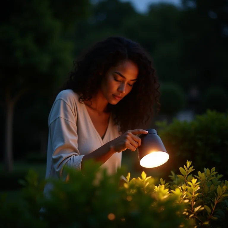 Mulher ajustando iluminação em um jardim.