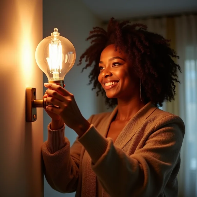 Mulher ajustando luminária de fibra ótica em casa