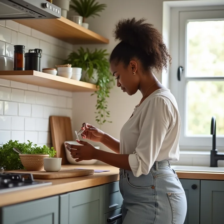 Mulher alcançando itens em cozinha pequena com soluções ergonômicas.