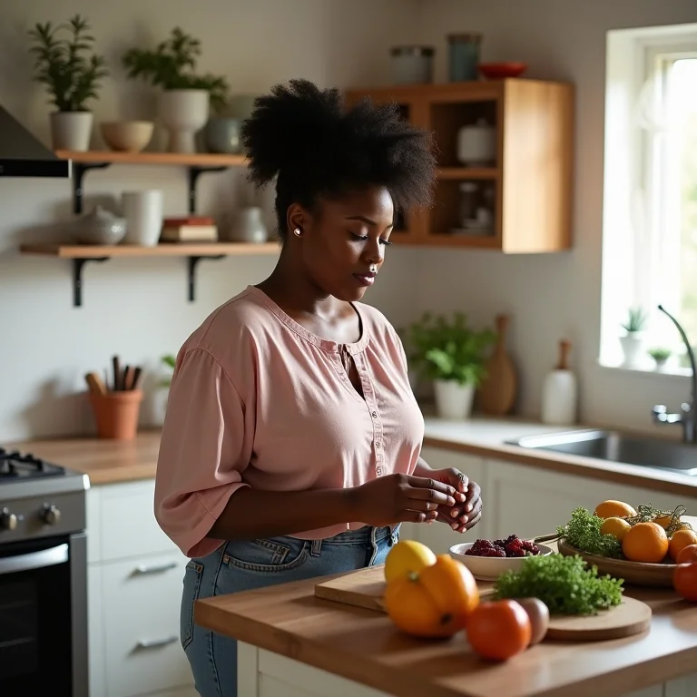 Mulher alcançando utensílios em cozinha ergonomicamente planejada