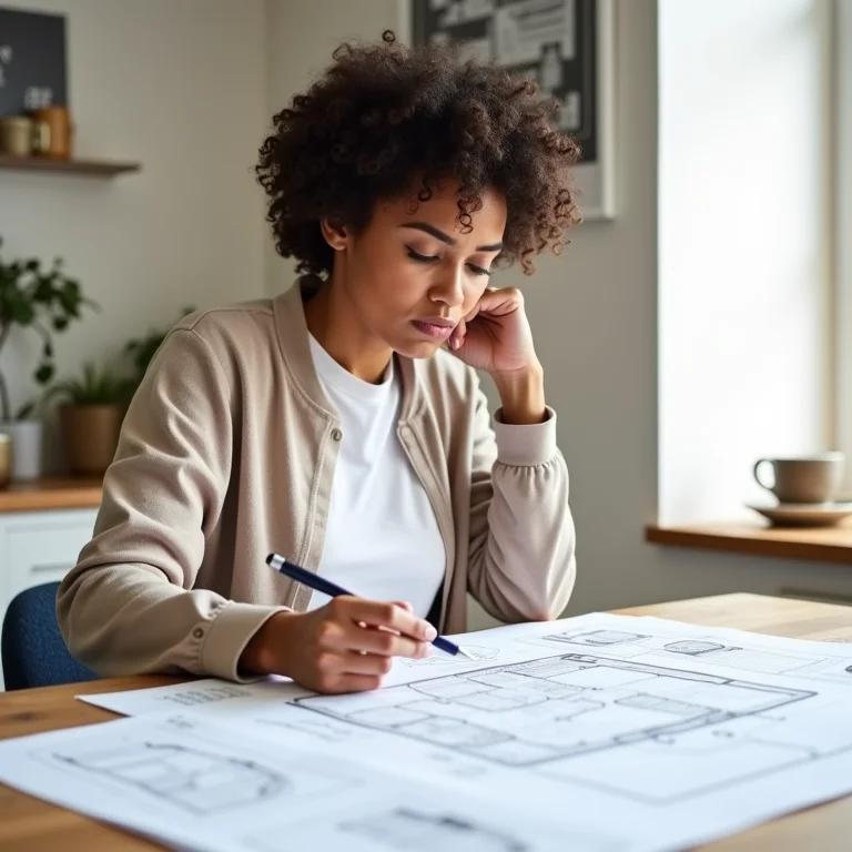Mulher analisando planta de cozinha planejada preta