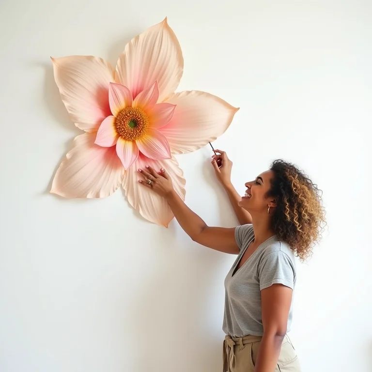 Mulher aplicando adesivo de parede floral em sala de estar