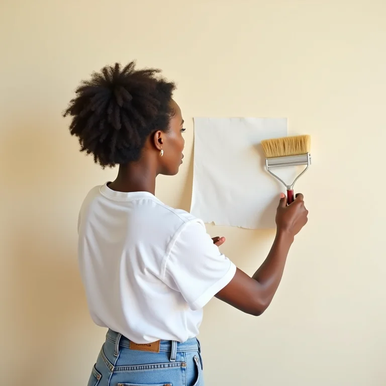 Mulher aplicando adesivo de parede no quarto