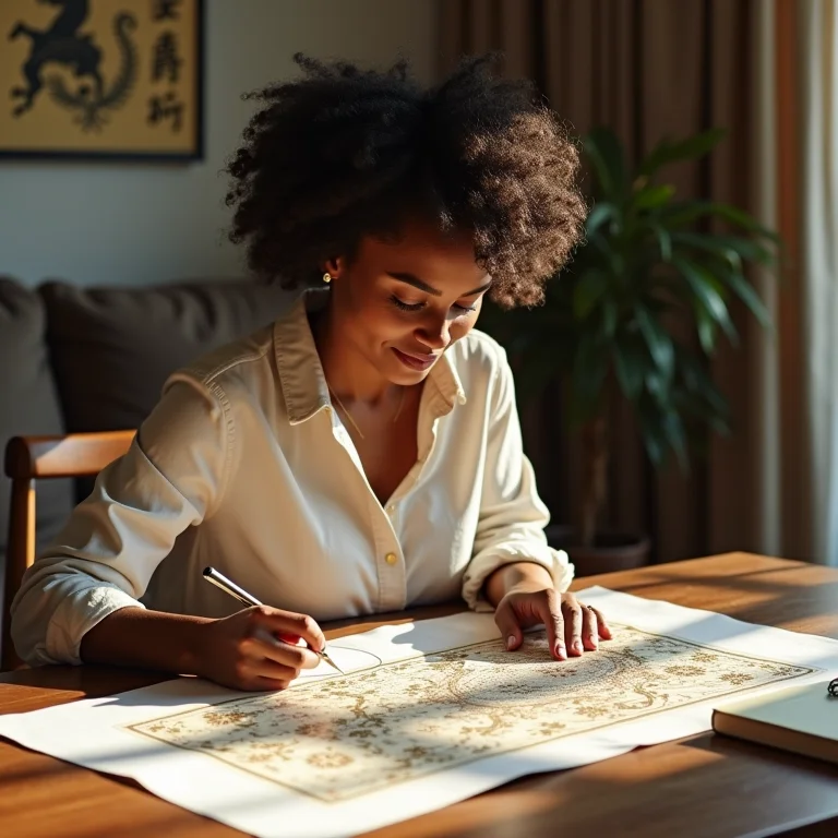 Mulher aplicando o Baguá na planta da sala, com anotações sobre Feng Shui