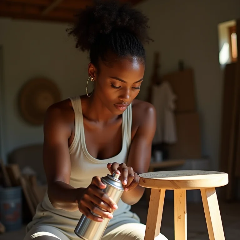 Mulher aplicando tinta spray em um banquinho de madeira.