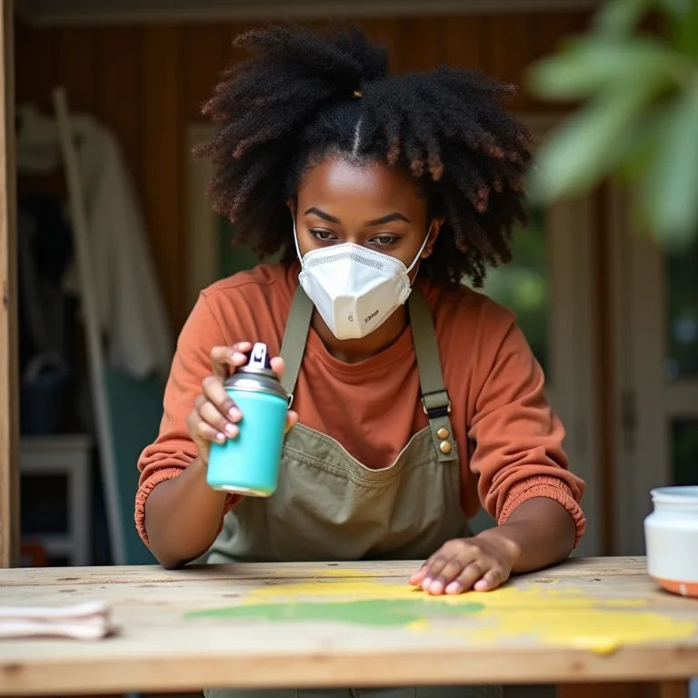 Mulher aplicando tinta spray em uma mesa de madeira ao ar livre.