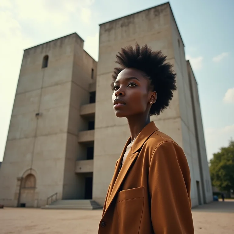 Mulher apreciando a arquitetura brutalista de um edifício.
