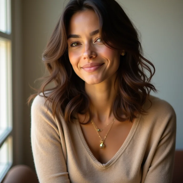 Mulher com suéter de cashmere bege e joias douradas.