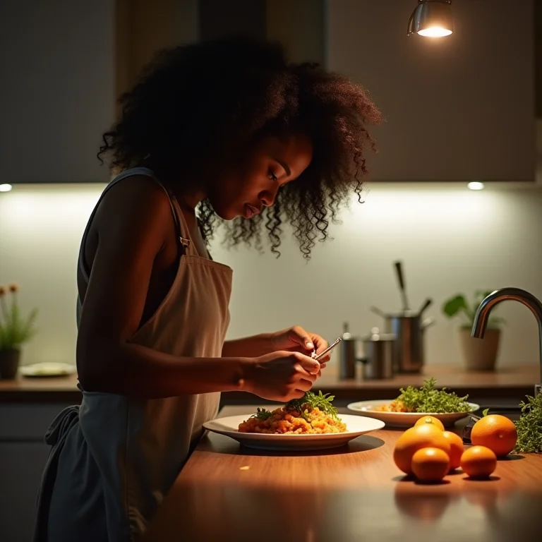 Mulher cozinhando em cozinha bem iluminada