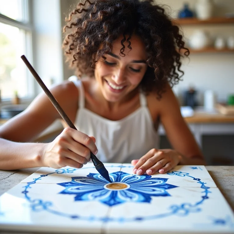 Mulher criando decoração mediterrânea DIY.